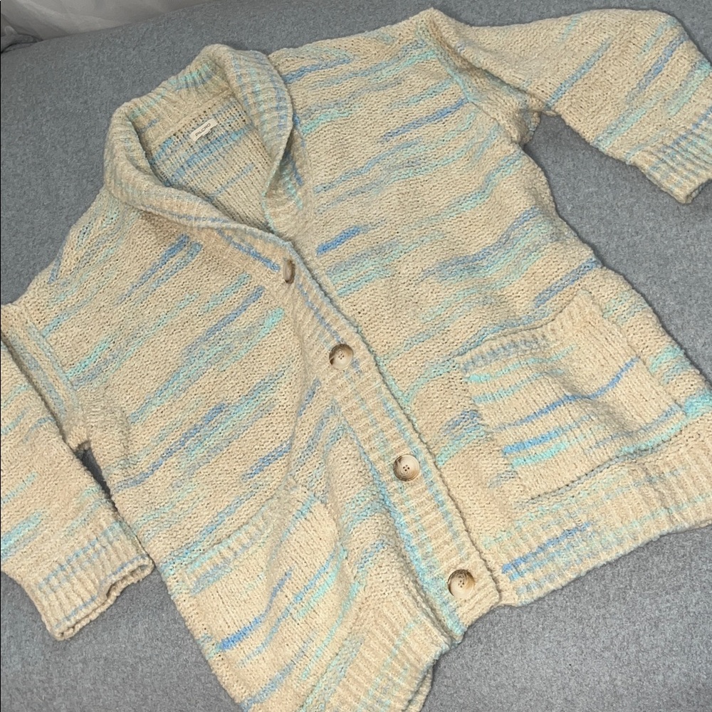 Pilcro Oversized Cardigan Sweater 1X Wool Blend Chunky Boxy Ivory Blue Grandma - Picture 2 of 12